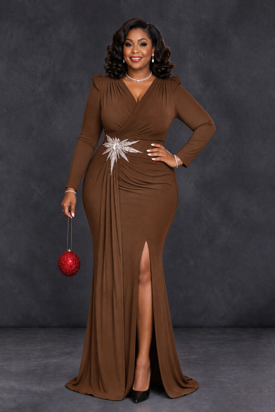 BOLODOO Brown Plus Size Long Sleeve V-Neck Mother of the Bride Dress with Slit - Brown - Brown_1