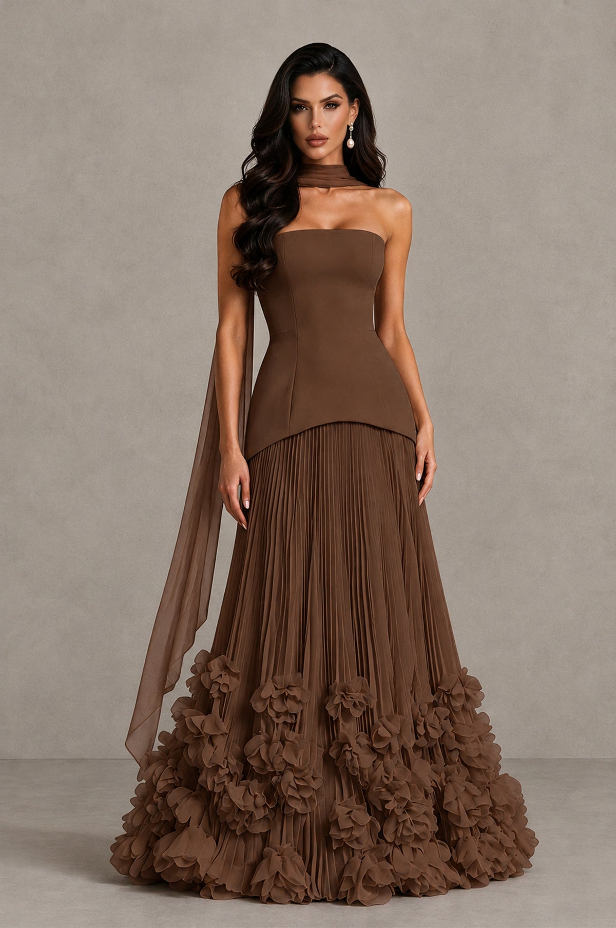 BOLODOO Brown Strapless Pleated Floral Hem Evening Gown - Brown - Brown_1