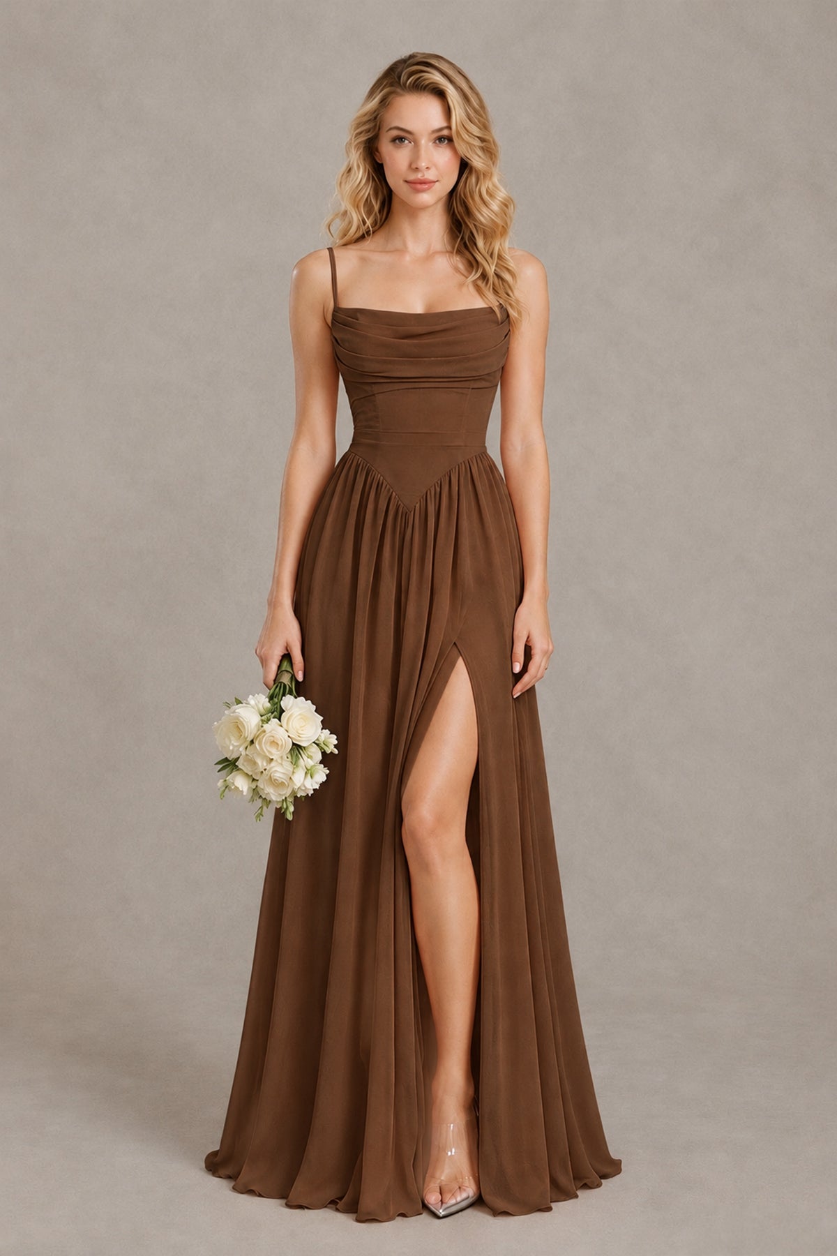 BOLODOO Brown Spaghetti Strap A-Line Bridesmaid Dress with Slit - Brown - Brown_1