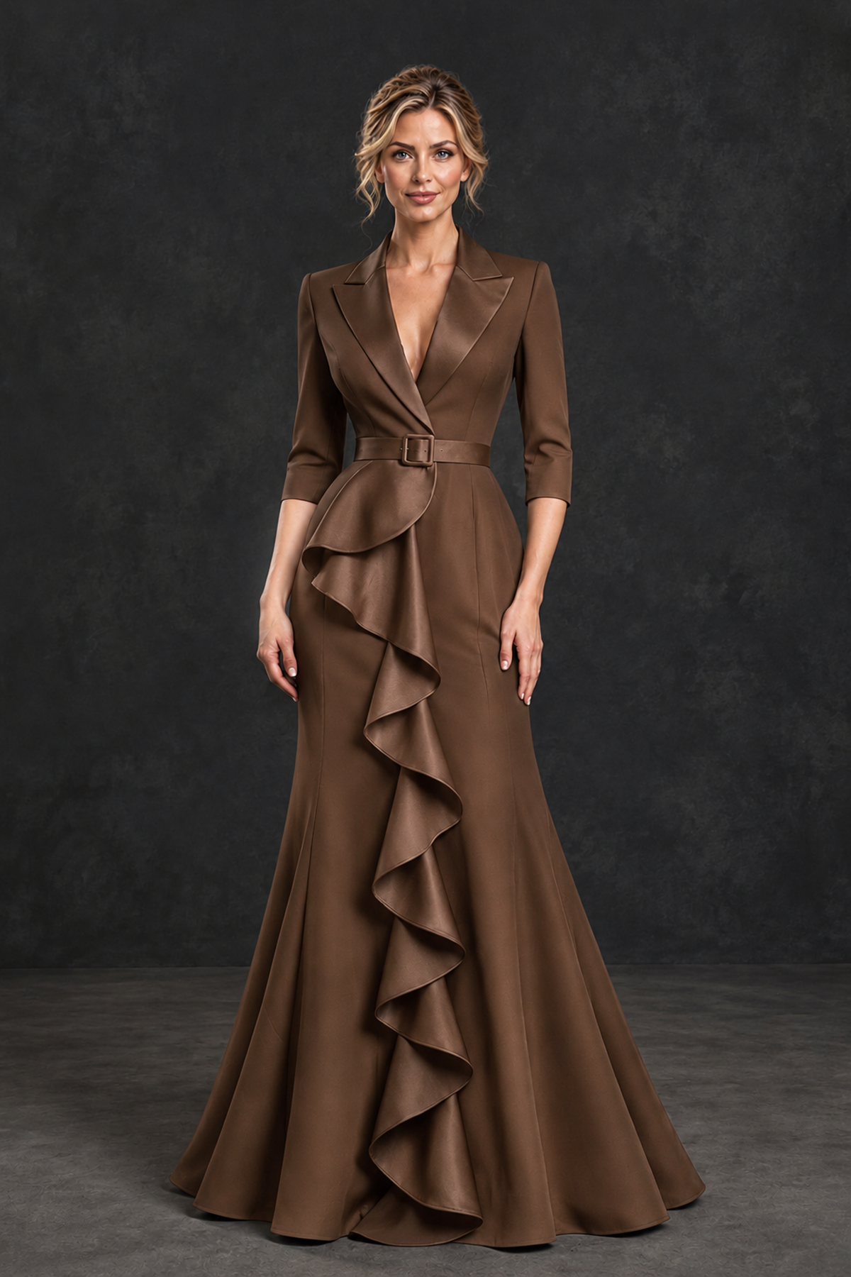 BOLODOO Brown Lapel Ruffle Mother of the Bride Dress with Belt - Brown - Brown_1