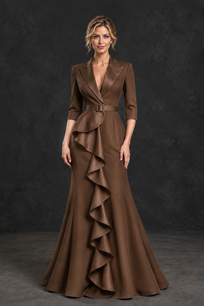 BOLODOO Brown Lapel Ruffle Mother of the Bride Dress with Belt - Brown - Brown_1