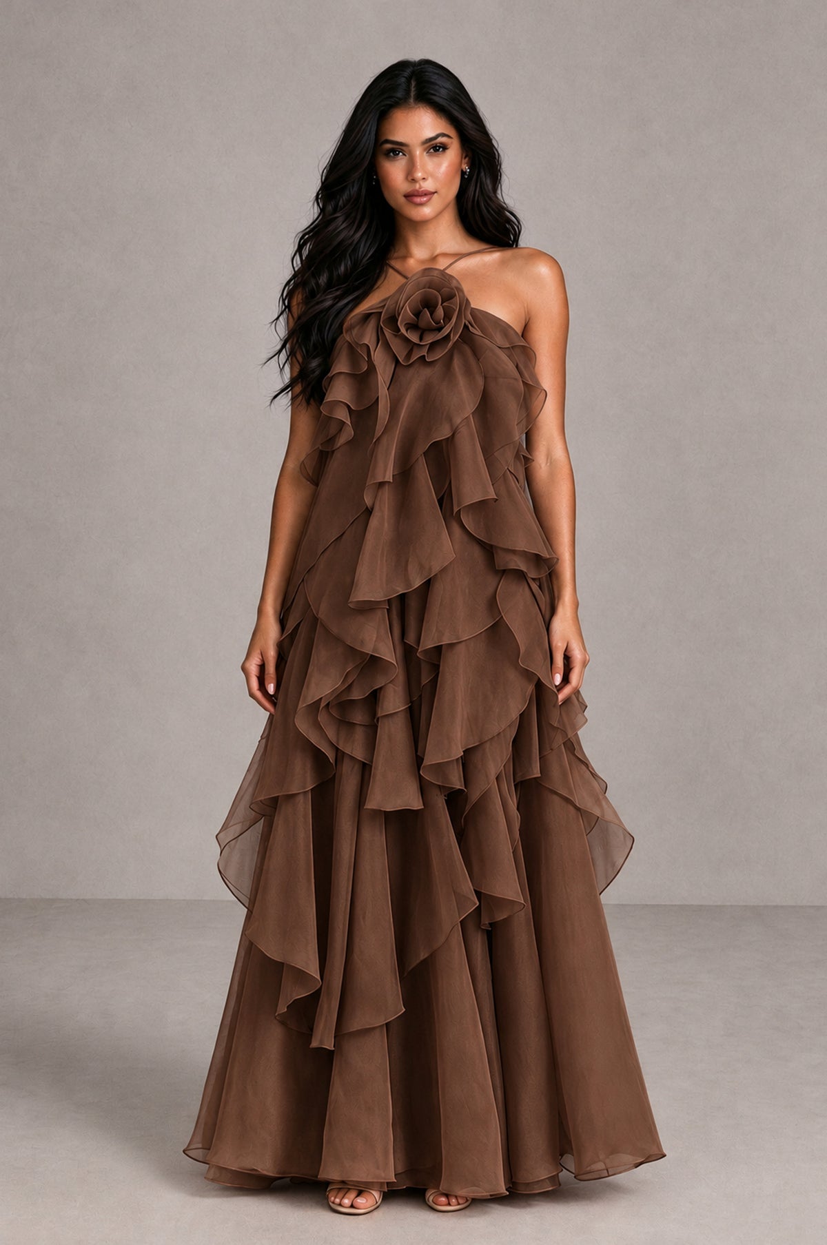 BOLODOO Brown Cascading Ruffle Rosette Open-Back Maxi Dress - Brown - Brown_1
