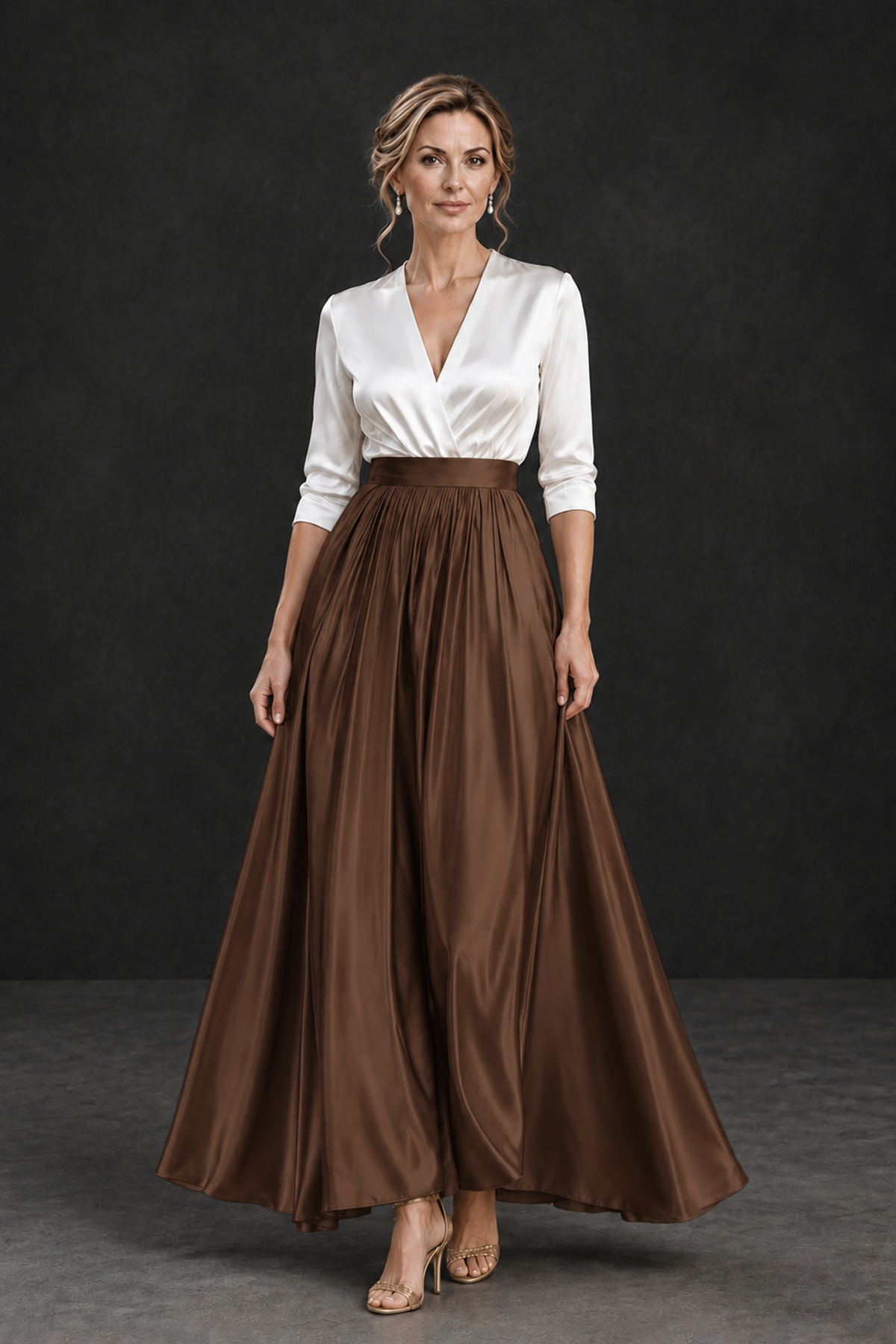 BOLODOO Brown and White V-Neck A-Line Mother of the Bride Dress - Brown - Brown_1