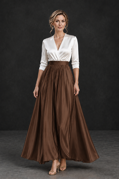 BOLODOO Brown and White V-Neck A-Line Mother of the Bride Dress - Brown - Brown_1