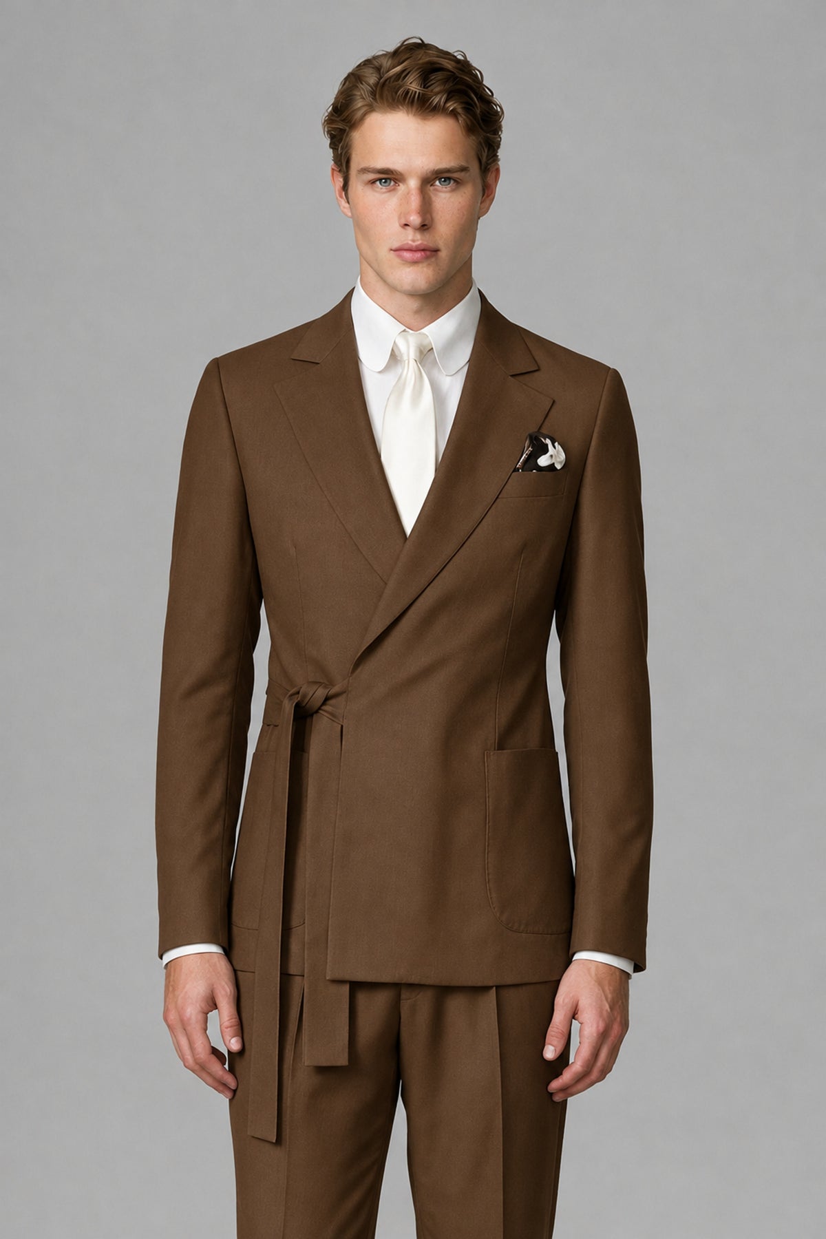 Bolodoo Men's Brown Wrap Tie-Waist Two-Piece Suit – Jacket & Trousers - Brown - Brown_1
