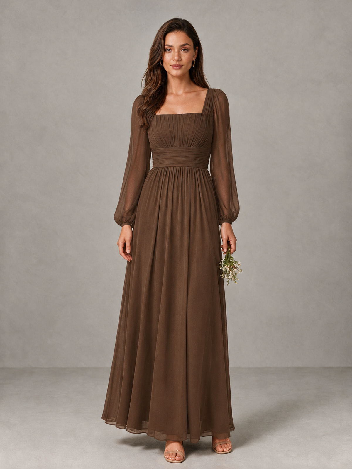 BOLODOO Brown Square Neck Long Sleeve Chiffon Bridesmaid Dress - Brown - Brown_1