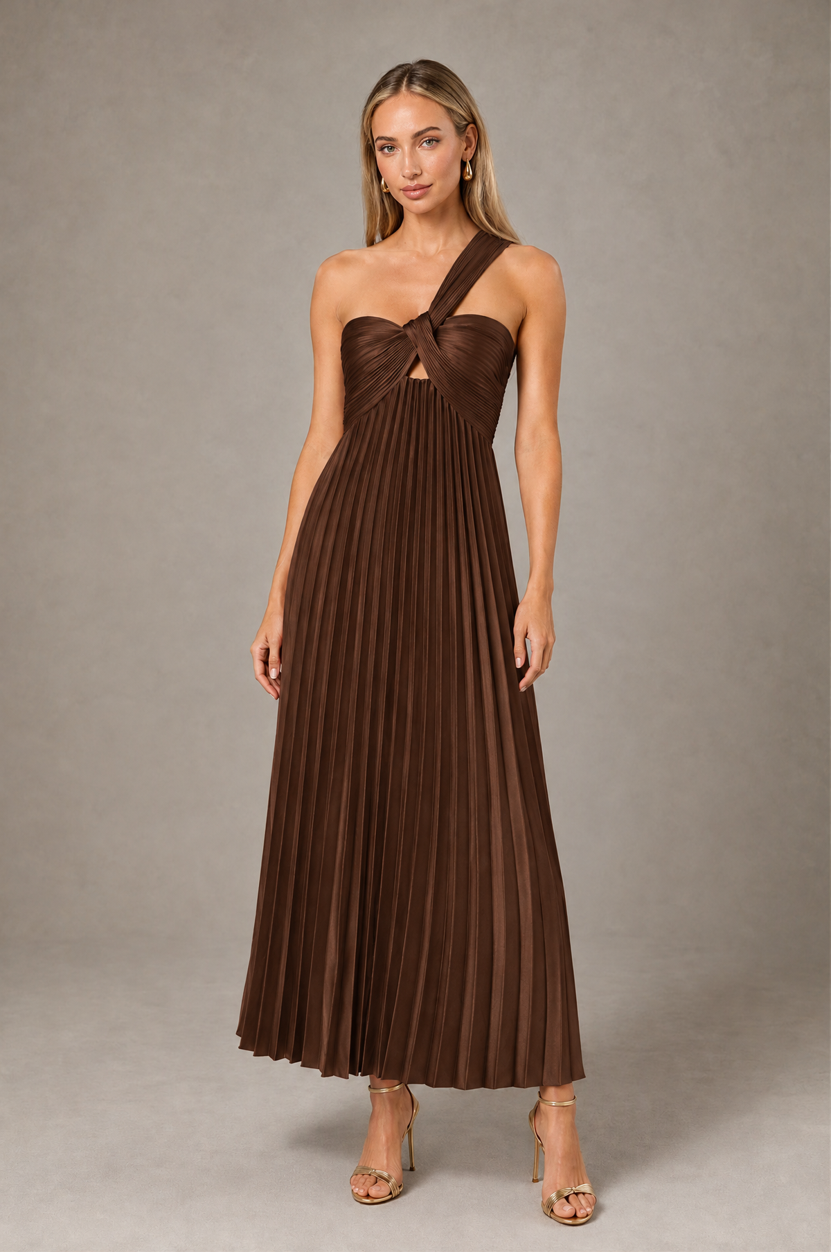 BOLODOO Brown One-Shoulder Twist Knot Pleated Satin Midi Dress with Cutout - Brown - Brown_1