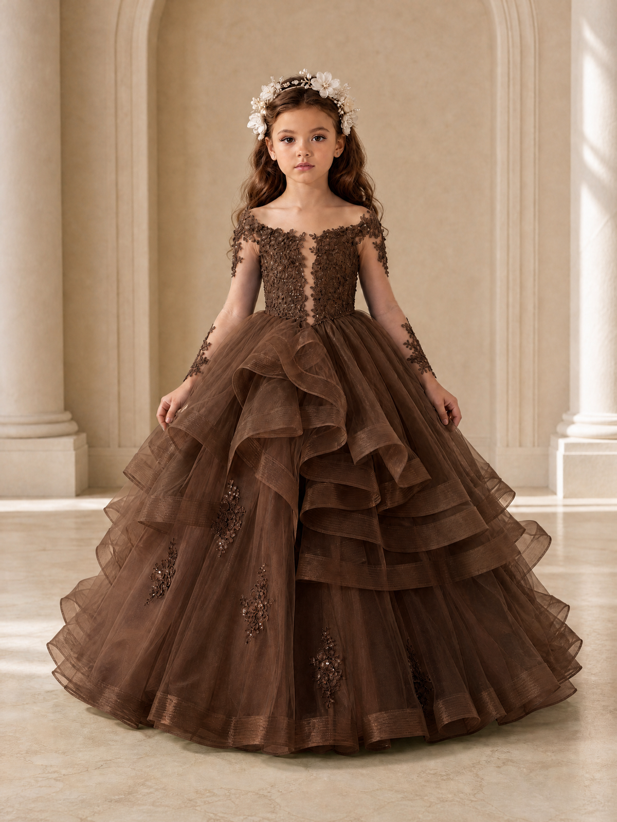BOLODOO Brown Lace Long Sleeve Tiered Flower Girl Dress - Brown - Brown_1