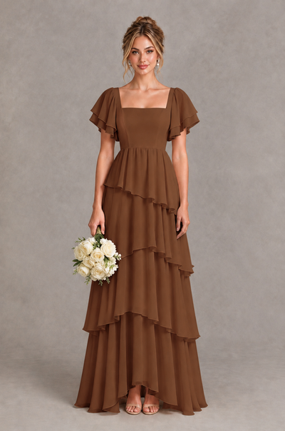 BOLODOO Brown Square Neck Flutter Sleeve Tiered Chiffon Bridesmaid Dress with Lace-Up Back - Brown - Brown_1