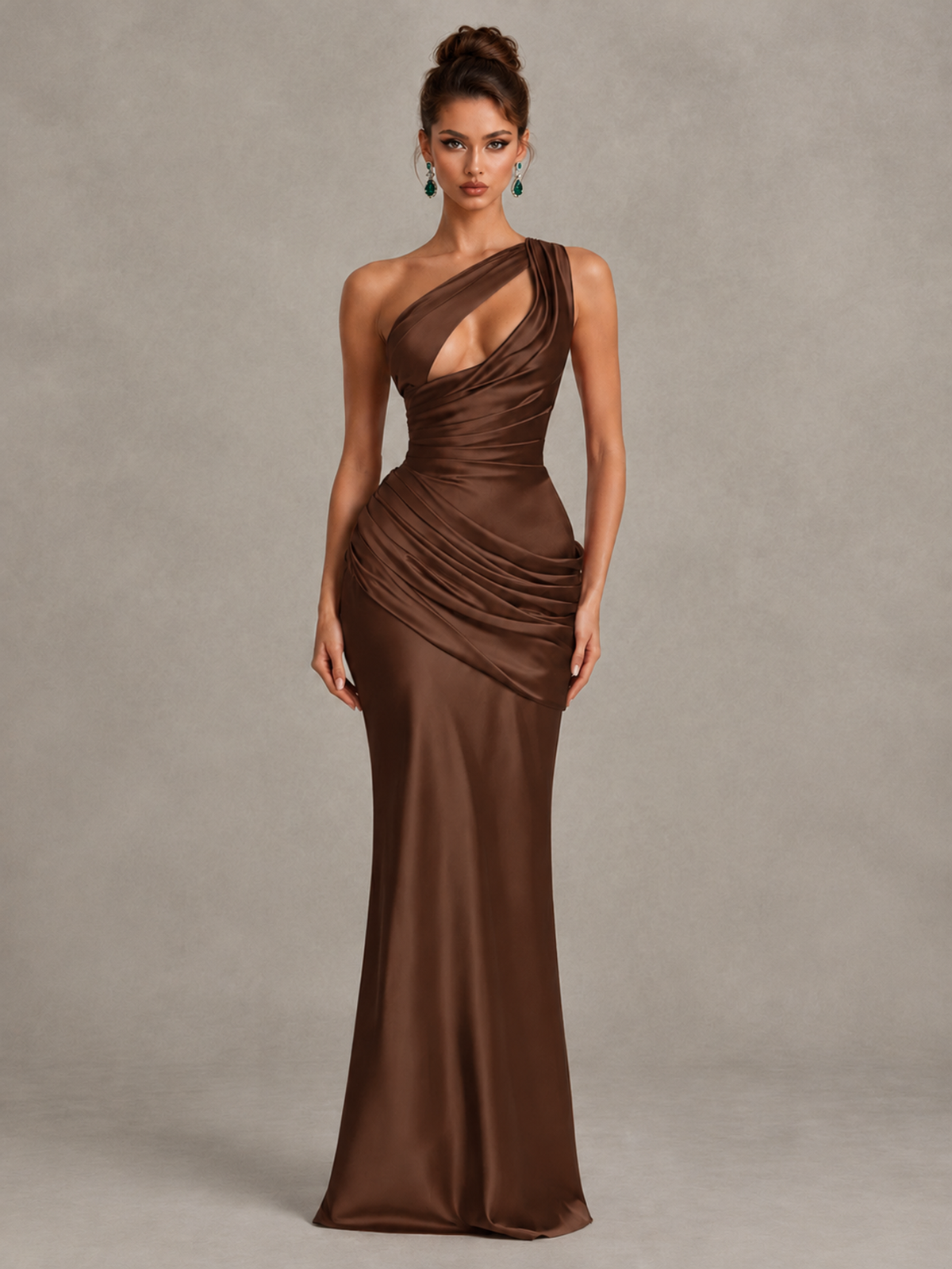 BOLODOO Brown One-Shoulder Cutout Satin Mermaid Prom Dress - Brown - Brown_1