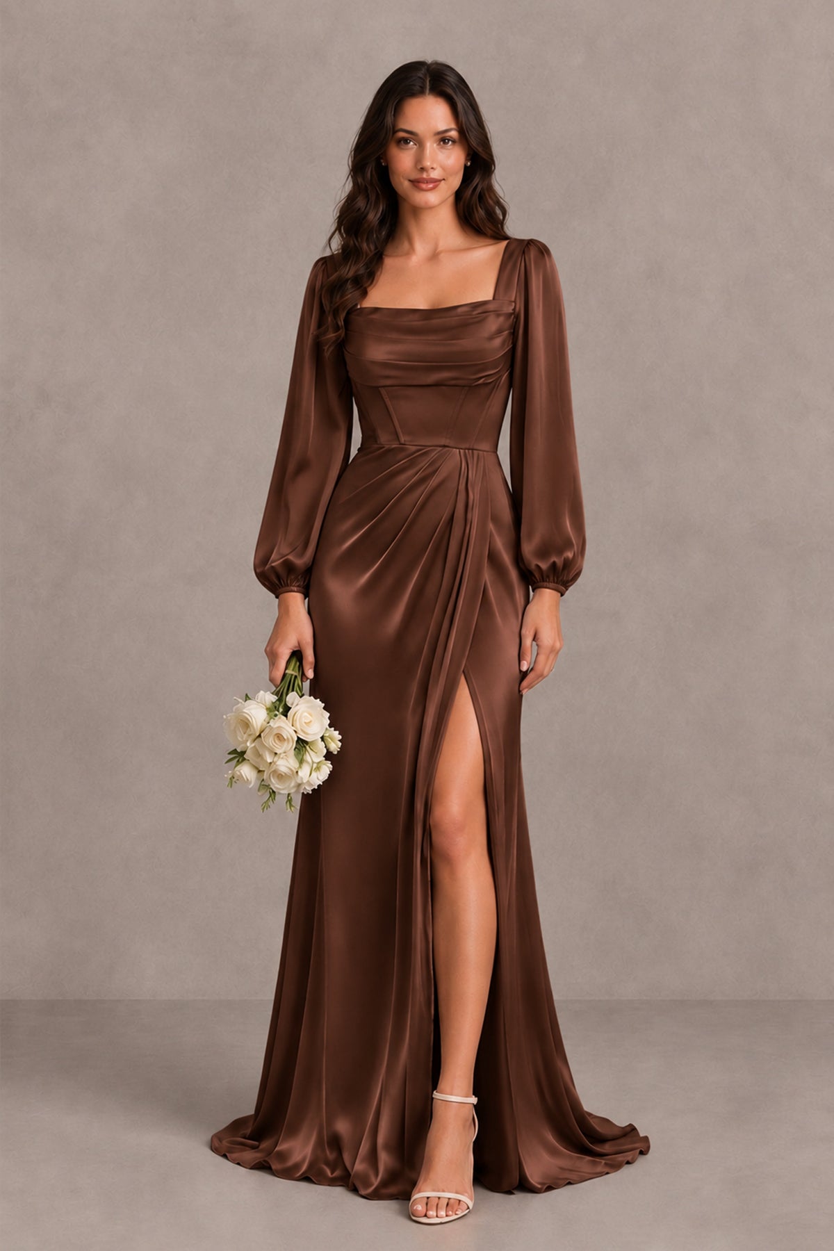 BOLODOO Brown Satin-Look Long Sleeve Evening Dress with High Slit - Brown - Brown_1