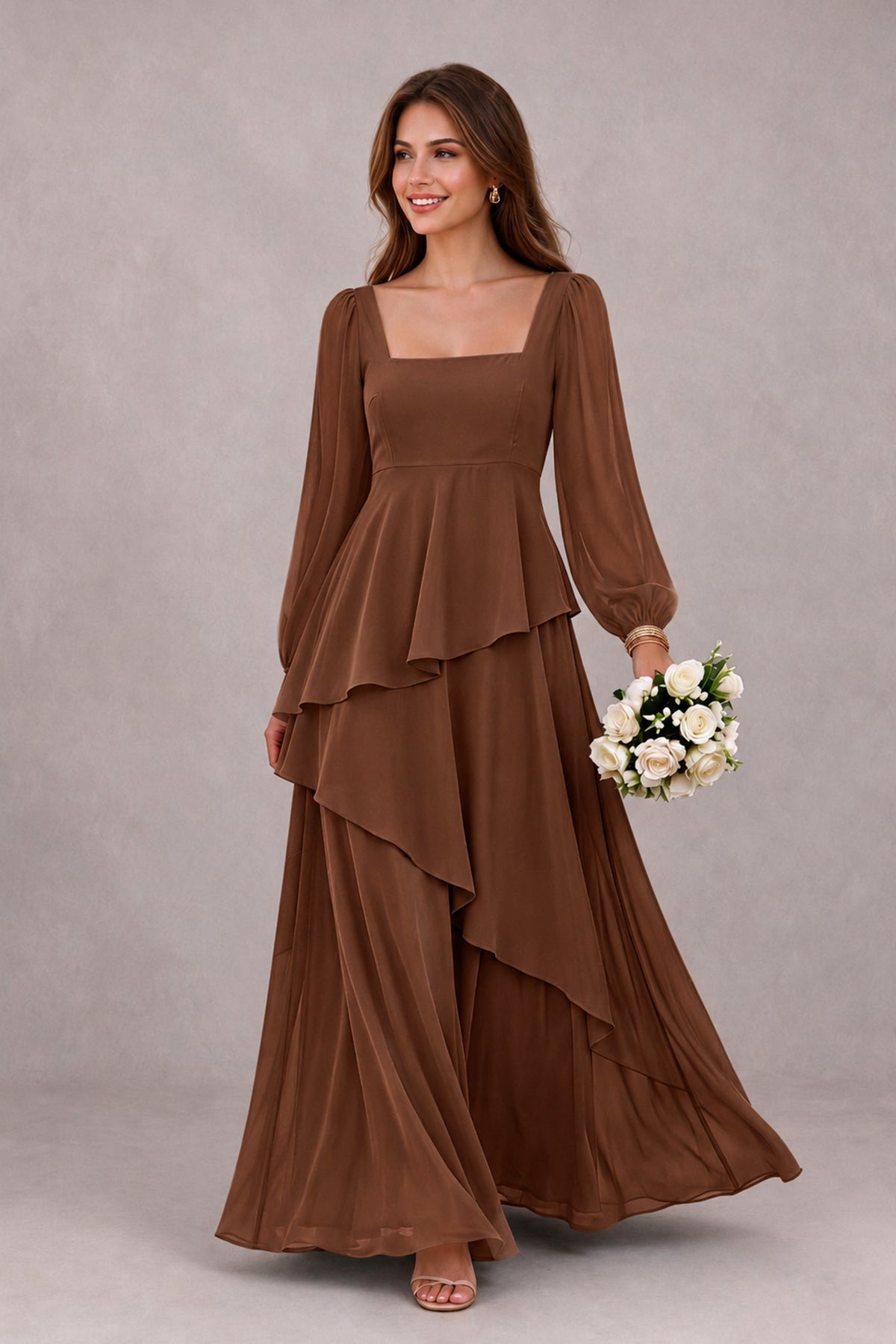 BOLODOO Brown Long Sleeve Ruffle Bridesmaid Dresses - Brown - Brown_1