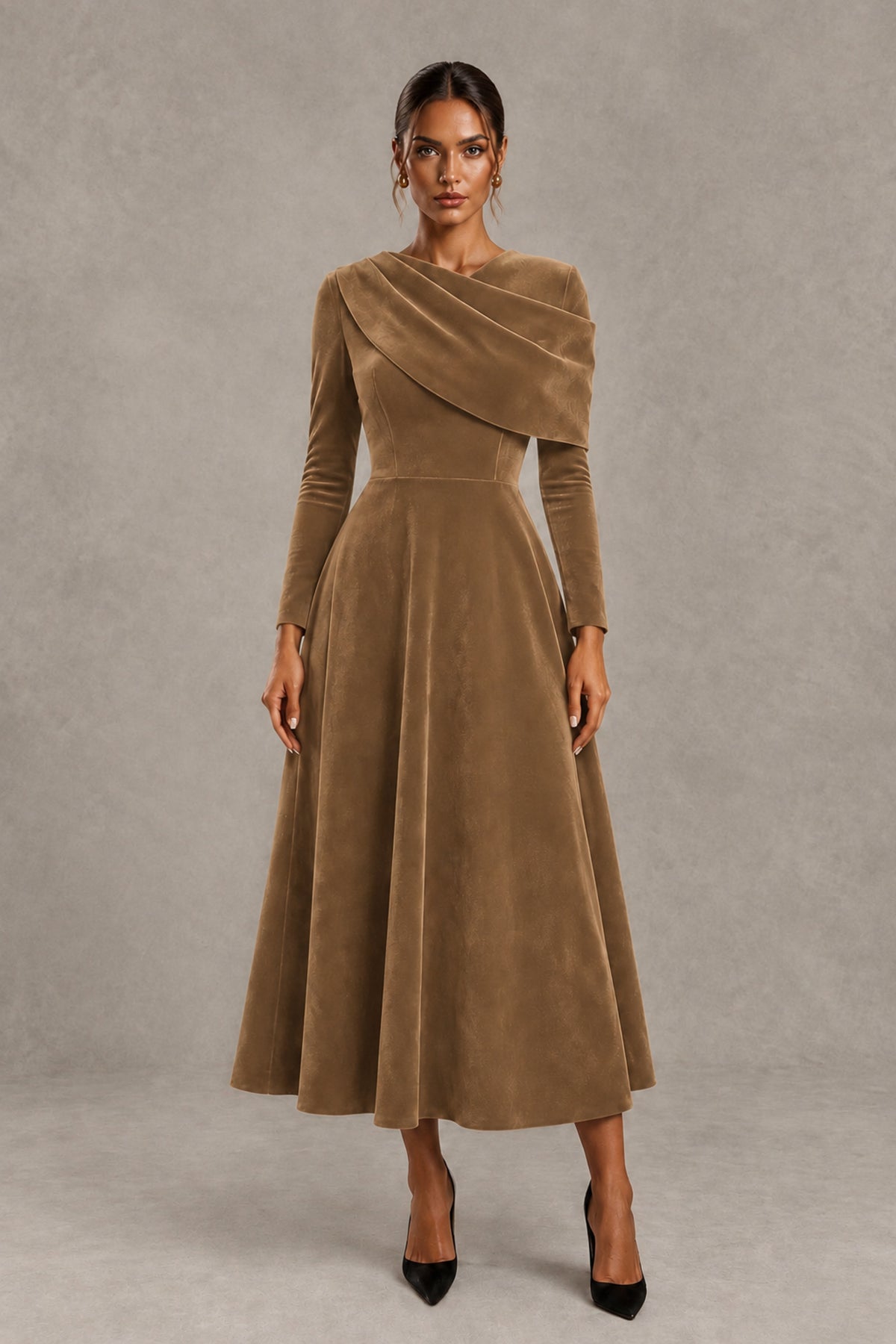 BOLODOO Brown Velvet-Look Long Sleeve Tea-Length A-Line Dress with Draped Neckline - Brown - Brown_1