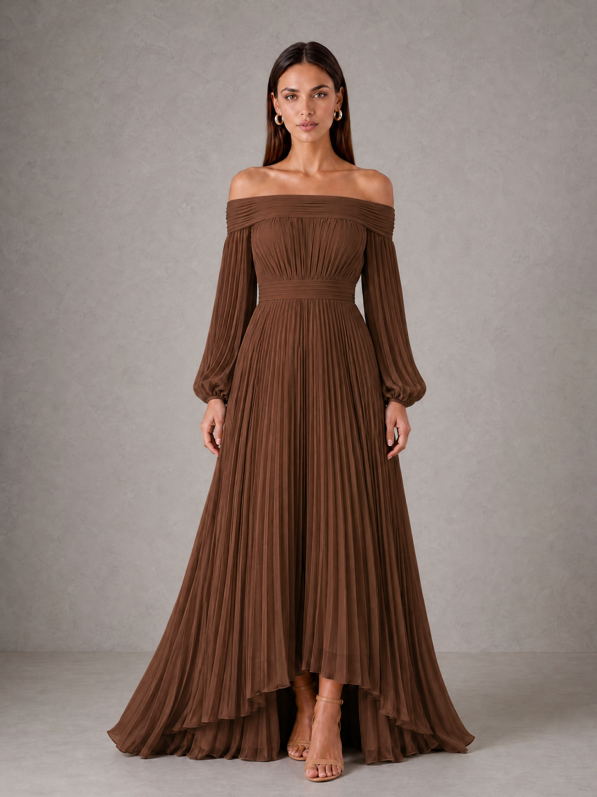 BOLODOO Brown Off-Shoulder Long Sleeve Pleated High-Low Dress - Brown - Brown_1