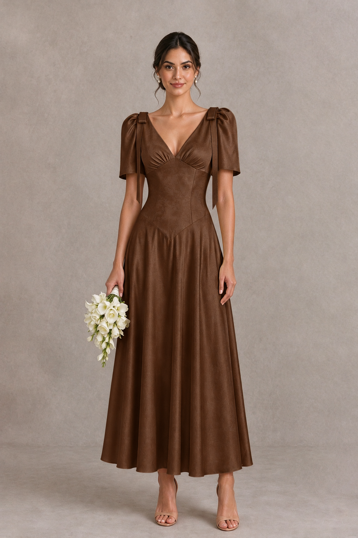 BOLODOO Brown V-Neck Short Sleeve Satin-Look Bridesmaid Dress with Shoulder Bows - Brown - Brown_1