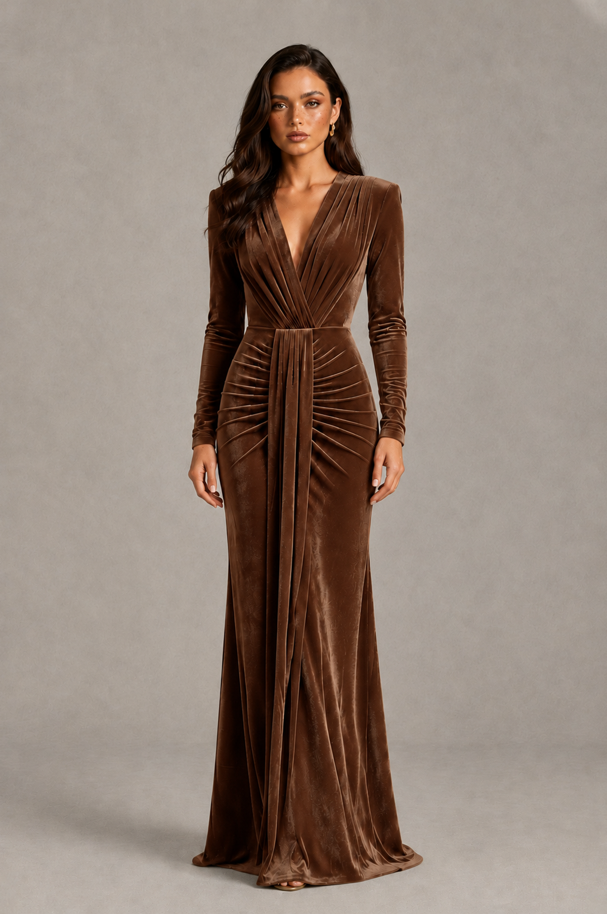 BOLODOO Brown Velvet Long Sleeve V-Neck Ruched Evening Gown - Brown
