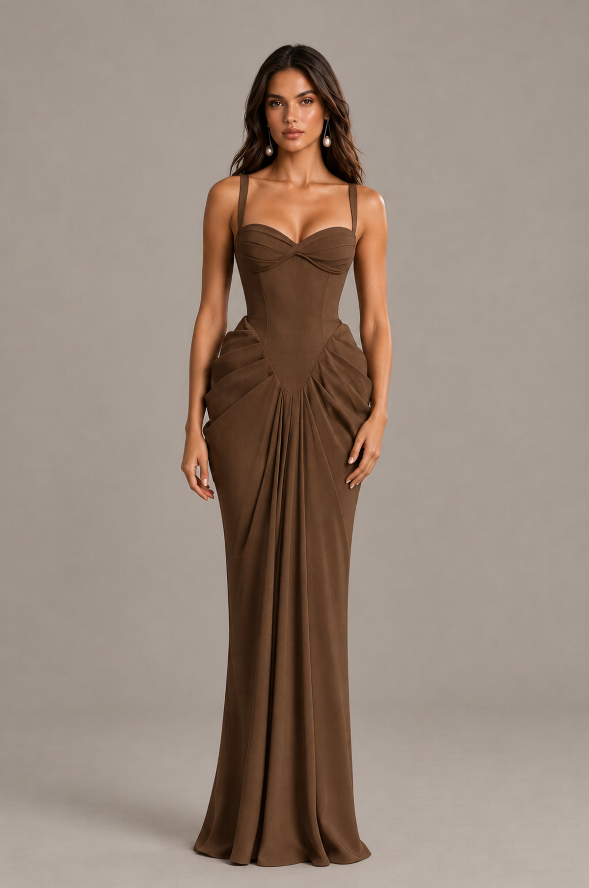 BOLODOO Brown Sweetheart Ruched Lace-Up Back Evening Gown - Brown - Brown_1