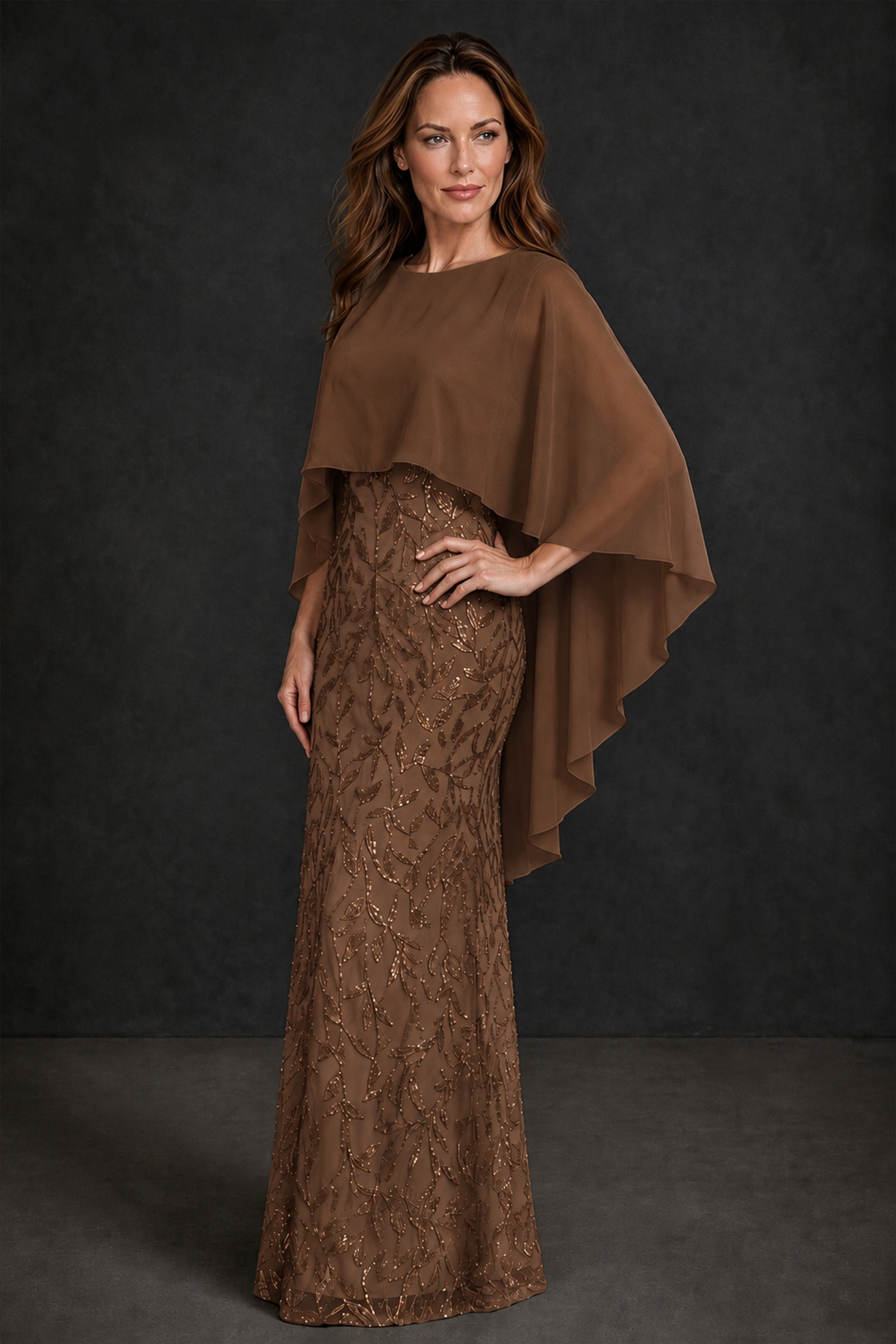 BOLODOO Brown Round Neck Chiffon Cape Overlay Sequin Lace Mermaid Maxi Dress - Brown - Brown_1