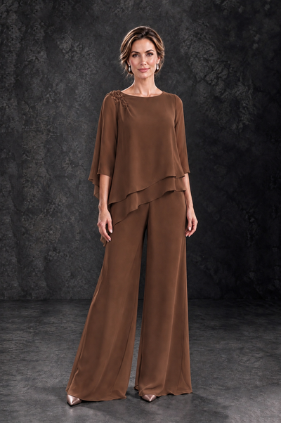 BOLODOO Brown Layered Wide-Leg Mother of the Bride Pant Suit - Brown - Brown_1