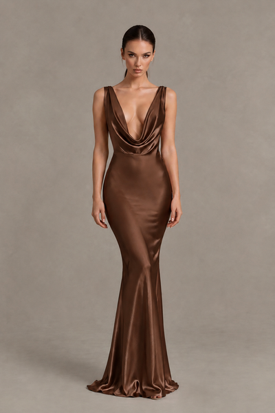 BOLODOO Brown Cowl Neck Backless Satin Mermaid Evening Dress - Brown - Brown_1