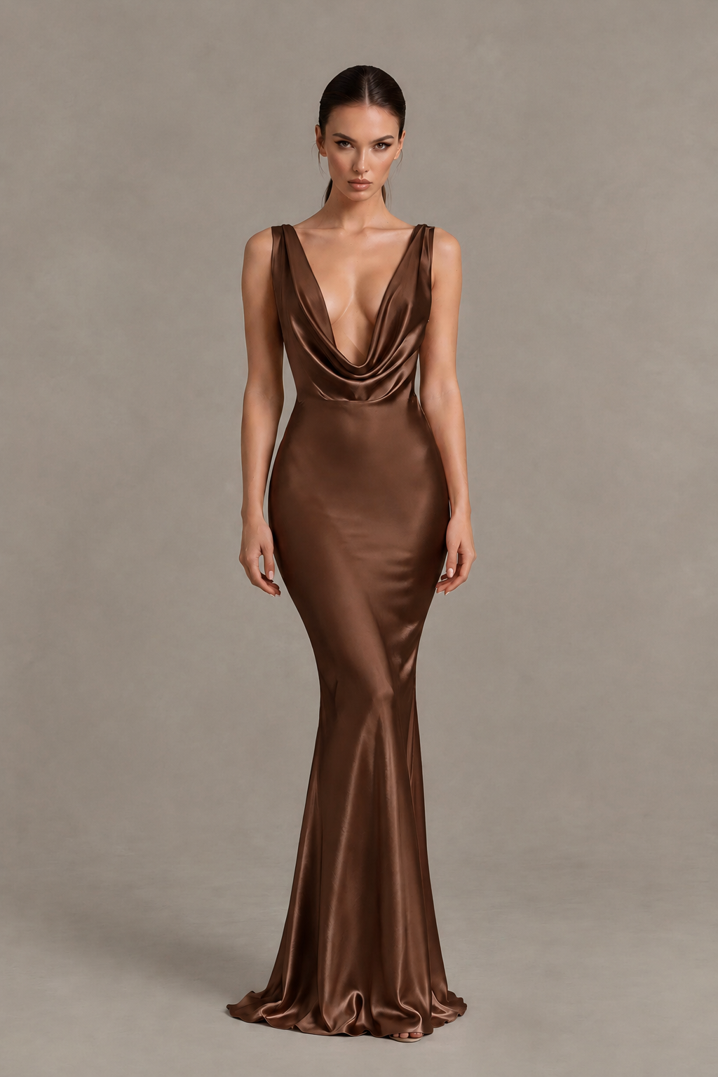 BOLODOO Brown Cowl Neck Backless Satin Mermaid Evening Dress - Brown - Brown_1