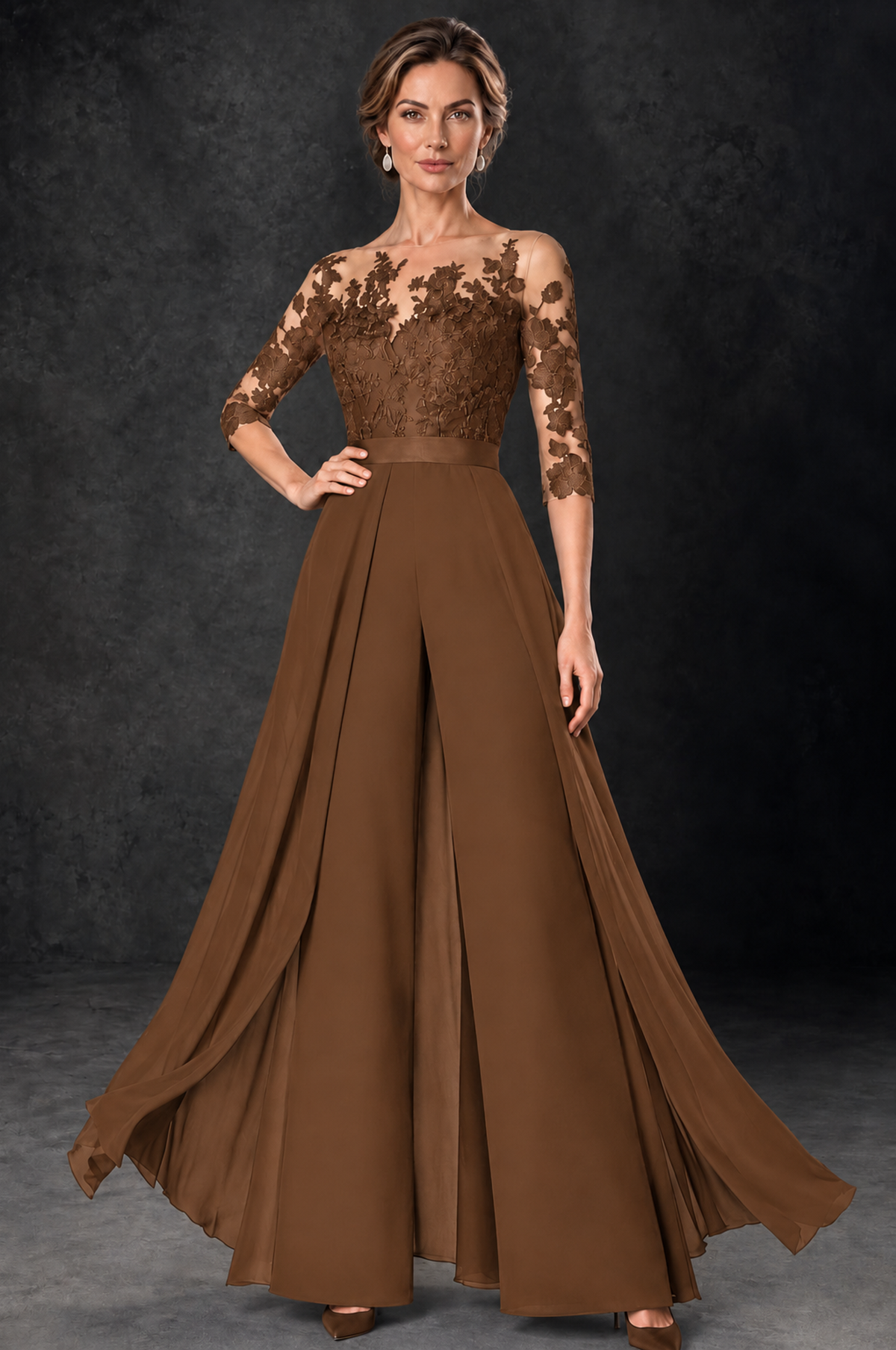 BOLODOO Brown Lace Wide-Leg Jumpsuit with Three-Quarter Sleeves - Brown - Brown_1