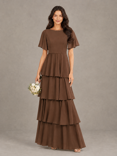 BOLODOO Brown Tiered Flutter Sleeve Bridesmaid Dress - Brown - Brown_1