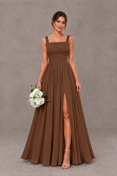 BOLODOO Brown Square Neck A-Line Bridesmaid Dress with Slit - Brown - Brown_1
