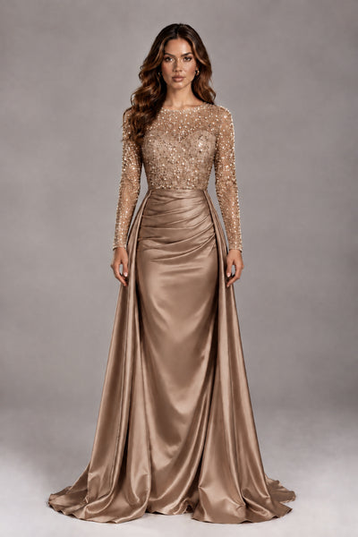 BOLODOO Brown Long Sleeve Embellished Satin Evening Gown with Sweep Train - Brown - Brown_1