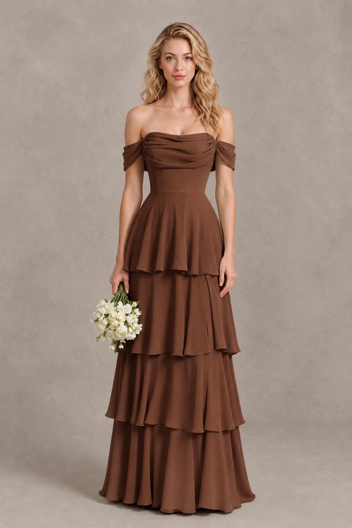 BOLODOO Brown Off-the-Shoulder Tiered A-Line Evening Bridesmaid Dress - Brown - Brown_1