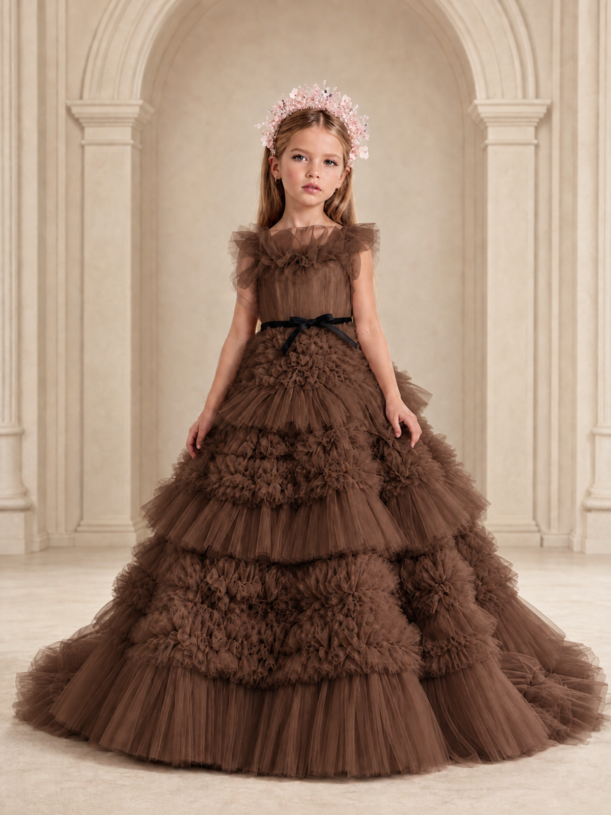 BOLODOO Brown Tiered Tulle Flower Girl Dress with Floral Appliques - Brown - Brown_1