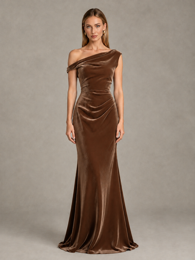 BOLODOO Brown One-Shoulder Velvet Mermaid Evening Gown - Brown - Brown_1