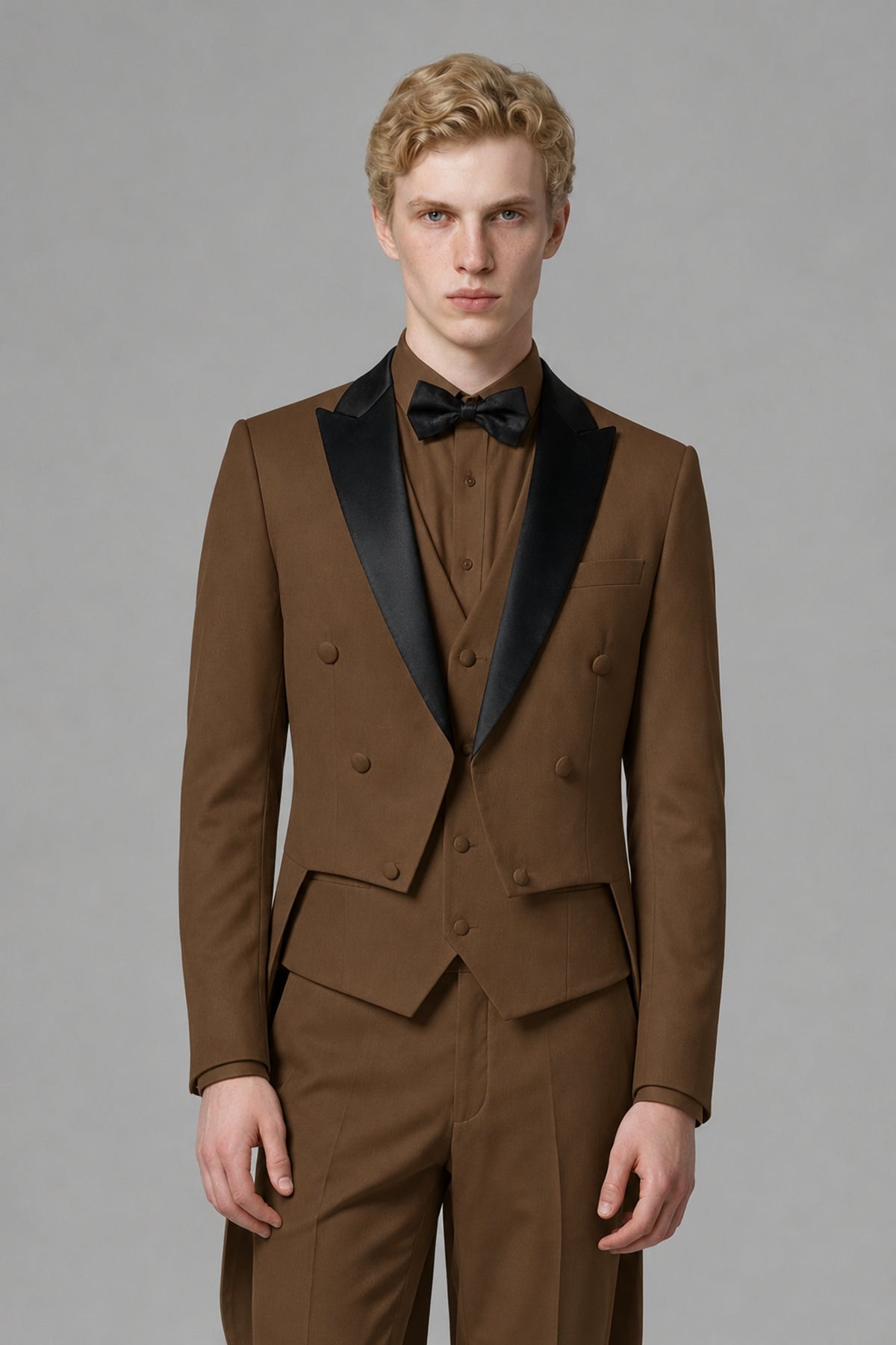 Bolodoo Men's Brown 3-Piece Tailcoat Tuxedo Suit with Vest & Trousers - Brown - Brown_1