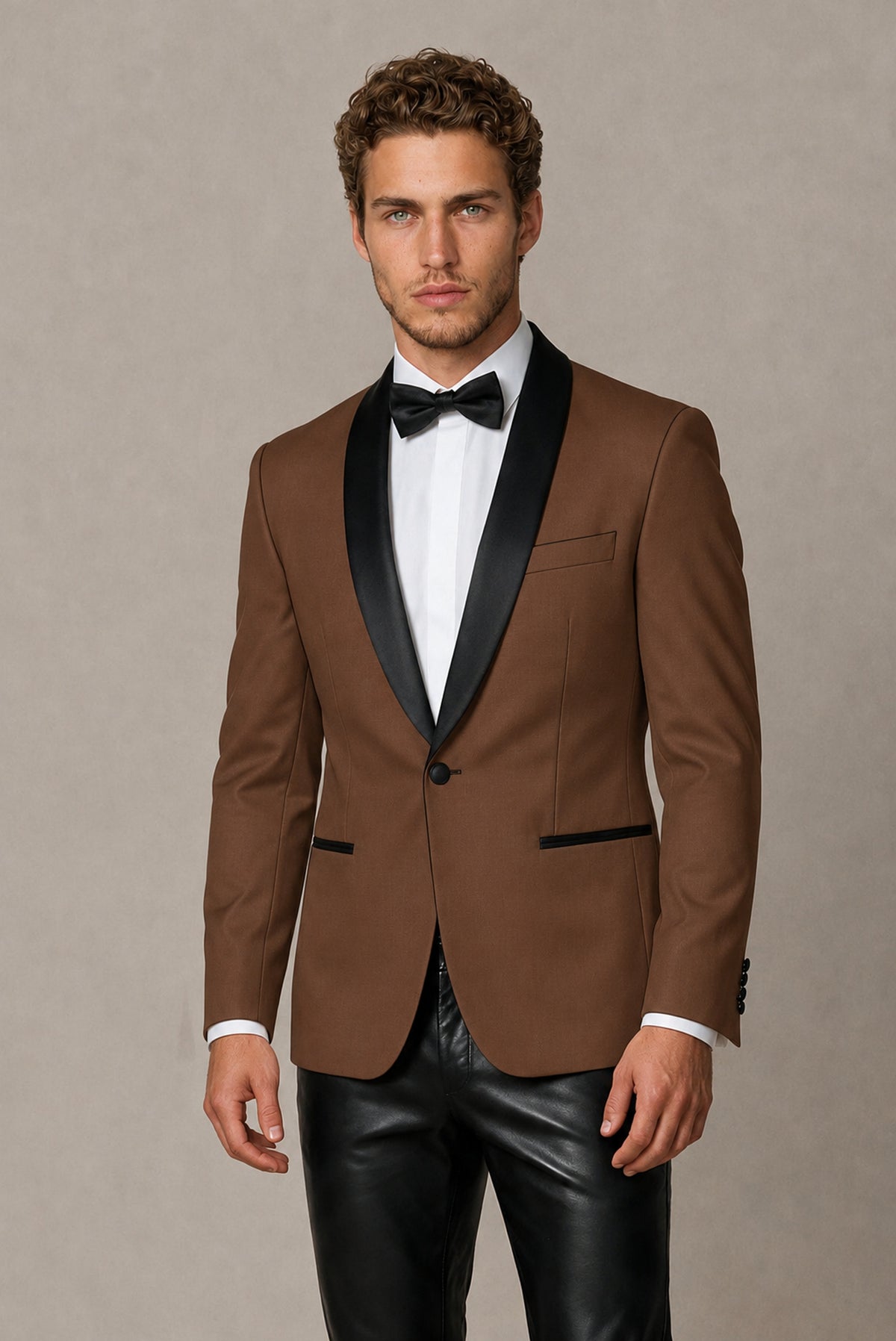 BOLODOO Men's Brown Tuxedo Blazer | Black Shawl Lapel Single-Breasted Formal Jacket - Brown