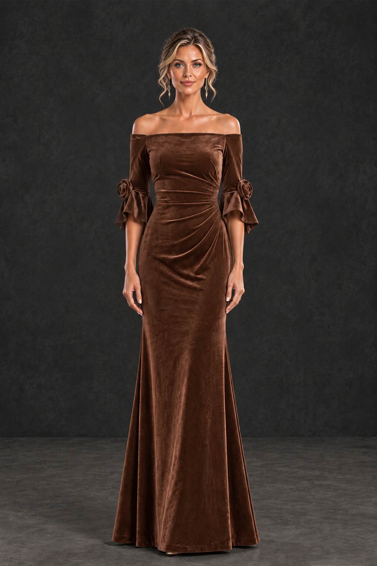 BOLODOO Brown Velvet Off-Shoulder Mother of the Bride Dress – 3/4 Floral Cuff Sleeve Mermaid Evening Gown - Brown - Brown_1