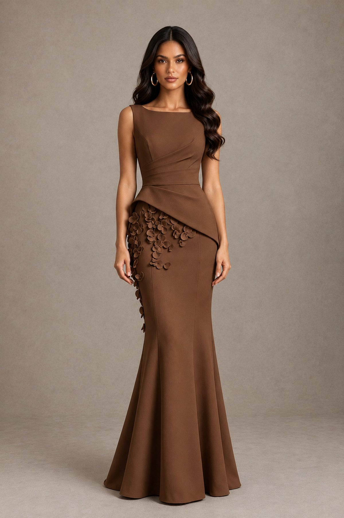 BOLODOO Brown Bateau Neck Sleeveless Asymmetric Peplum 3D Petal Appliqué Mermaid Gown BD0421 - Brown - Brown_1
