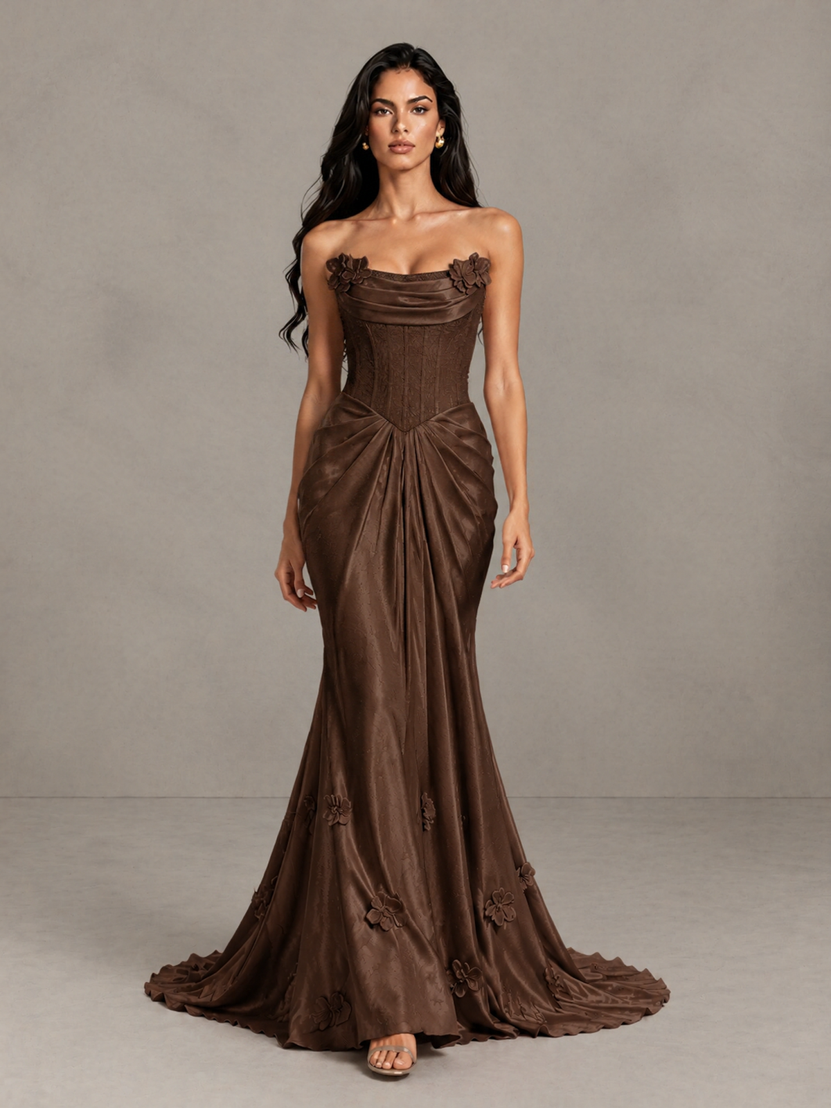 BOLODOO Brown Strapless Floral Corset Evening Gown with Train - Brown - Brown_1