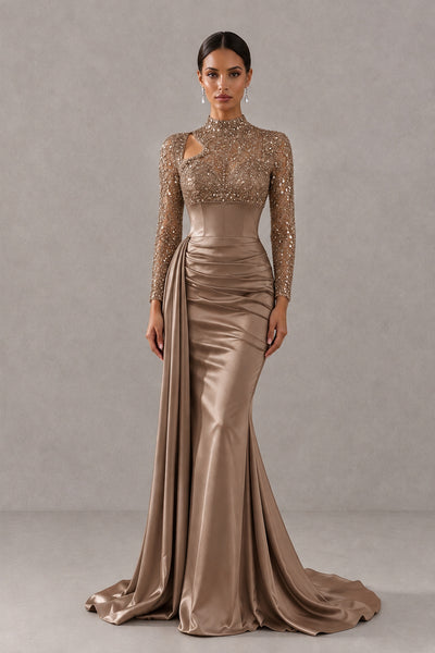 BOLODOO Brown Long Sleeve Embellished Satin Mermaid Evening Gown - Brown - Brown_1