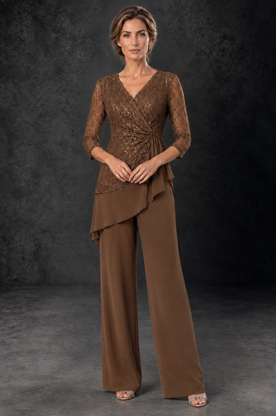 BOLODOO Brown Sequin Lace 3/4 Sleeve Chiffon Mother of the Bride Pant Suit - Brown - Brown_1