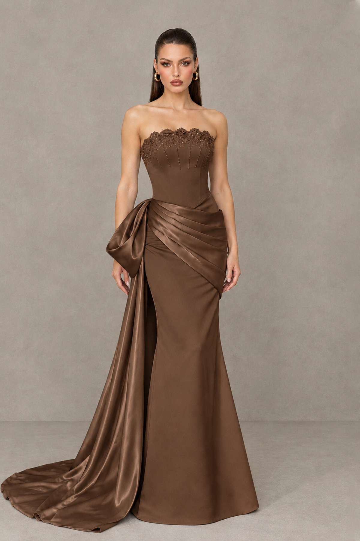BOLODOO Brown Strapless Satin Prom Dress with Draped Side Train - Brown - Brown_1