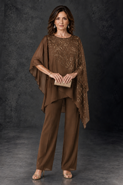 BOLODOO Brown Embellished Cape Pant Suit for Mother of the Bride - Brown - Brown_1