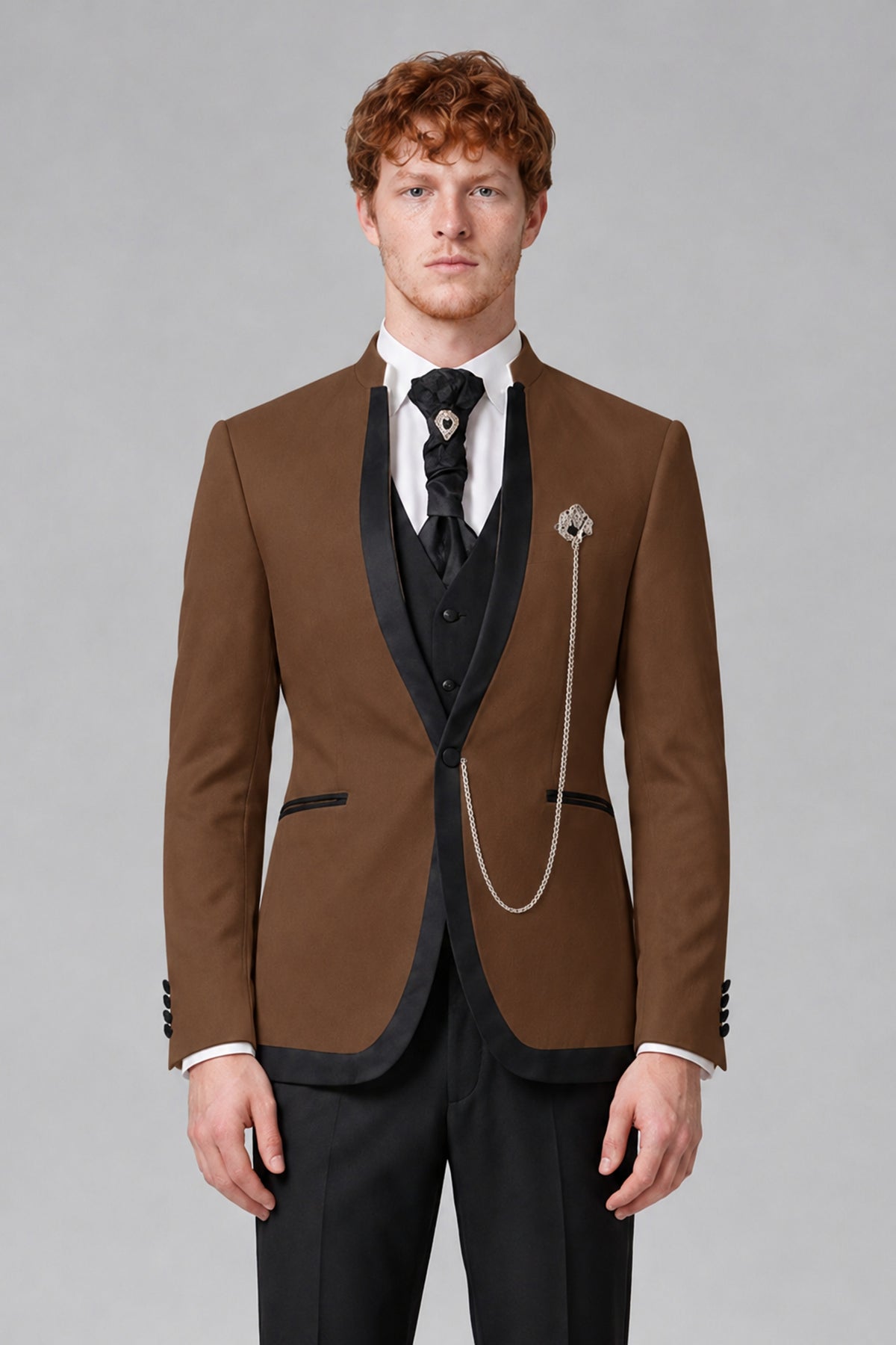 Bolodoo Men's Brown 3-Piece Shawl Lapel Tuxedo Suit with Vest - Brown - Brown_1