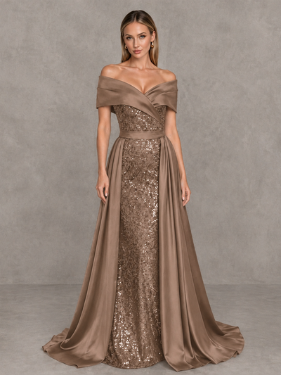 BOLODOO Brown Sequin Mermaid Evening Dress with Detachable Satin Overskirt and Sweep Train - Brown - Brown_1