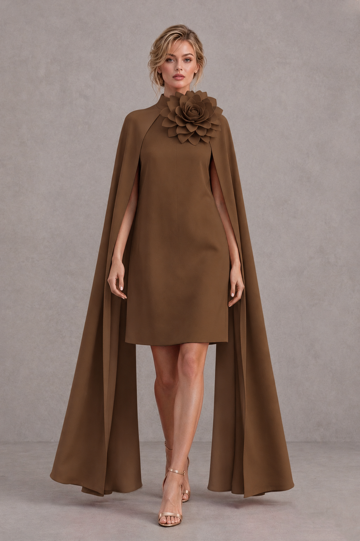 BOLODOO Brown High Neck Floral Cape Mini Cocktail Dress - Brown - Brown_1