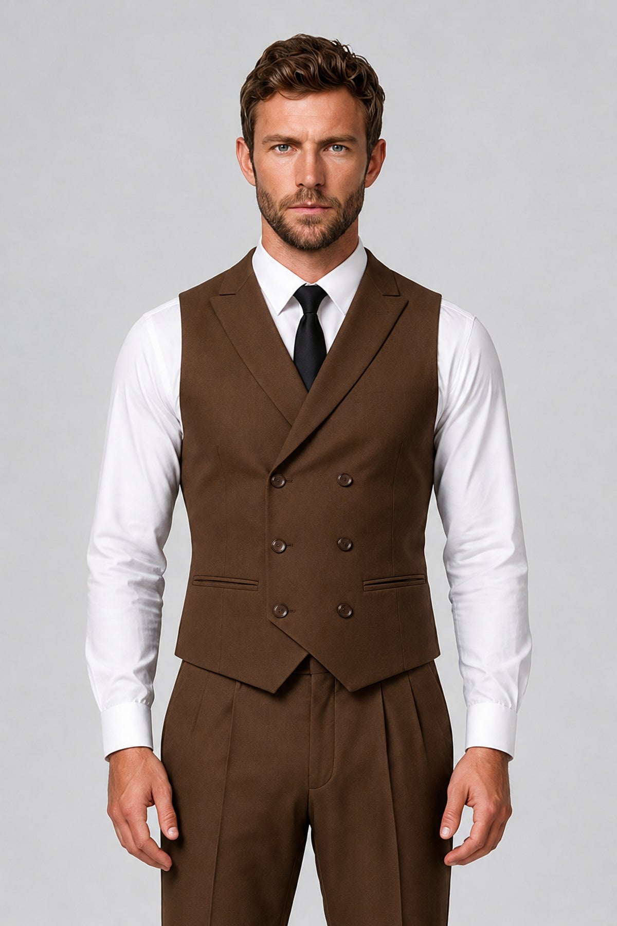 Bolodoo Men's Brown Double-Breasted Vest and Pants 2-Piece Suit - Brown - Brown_1