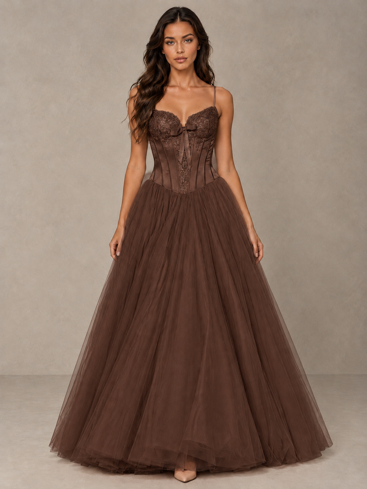 BOLODOO Brown Corset Tulle Prom Dress with Spaghetti Straps - Brown - Brown_1