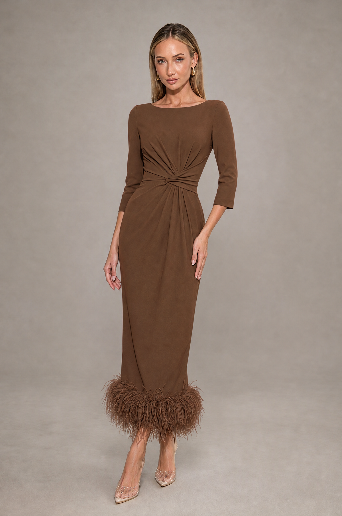 BOLODOO Brown Feather-Trim Twist-Waist Midi Dress - Brown - Brown_1