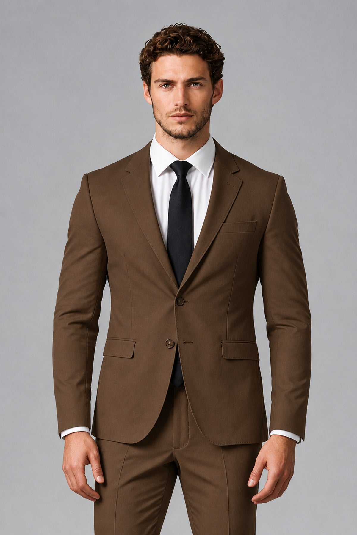 Bolodoo Men's Brown Two-Piece Suit with Notch-Lapel Jacket & Trousers - Brown - Brown_1