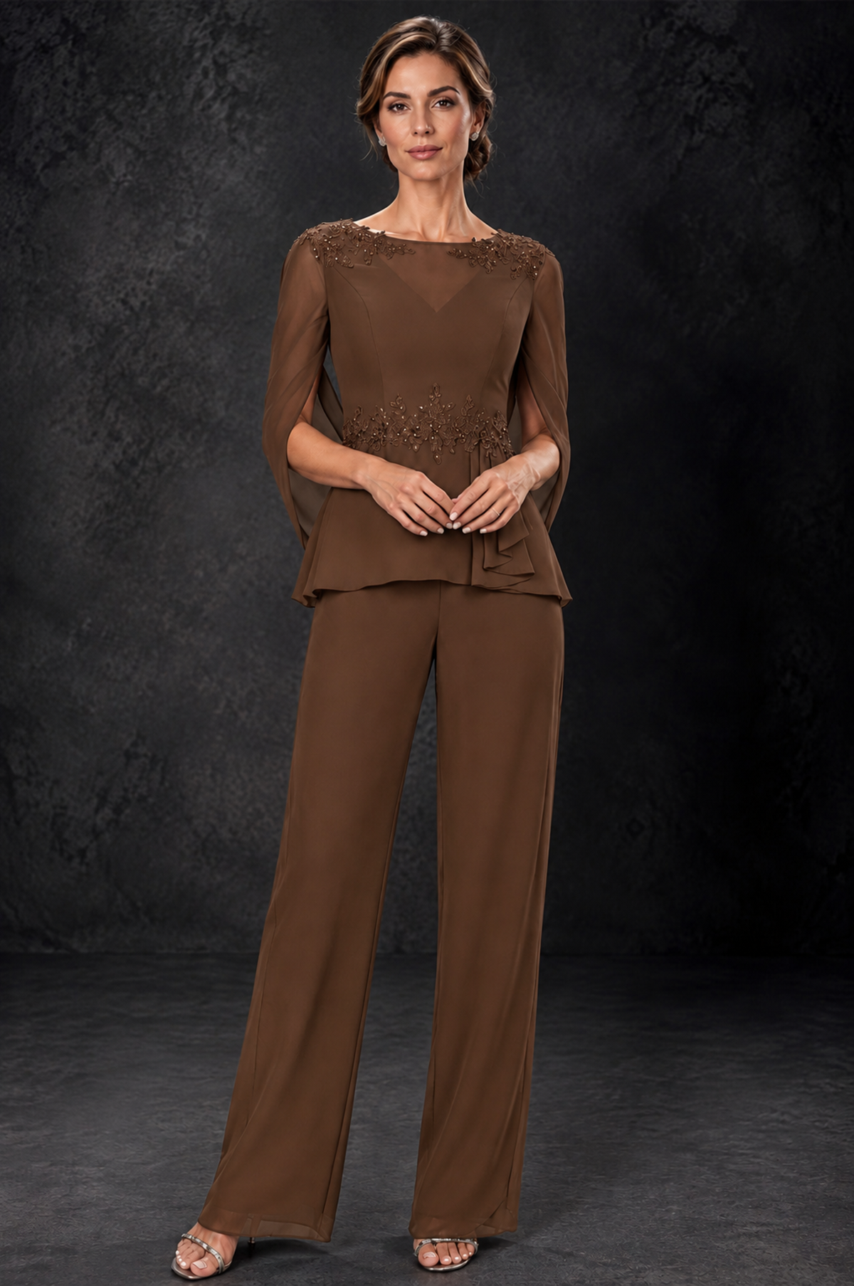BOLODOO Brown Embellished Cape Sleeve Mother of the Bride Pantsuit - Brown - Brown_1