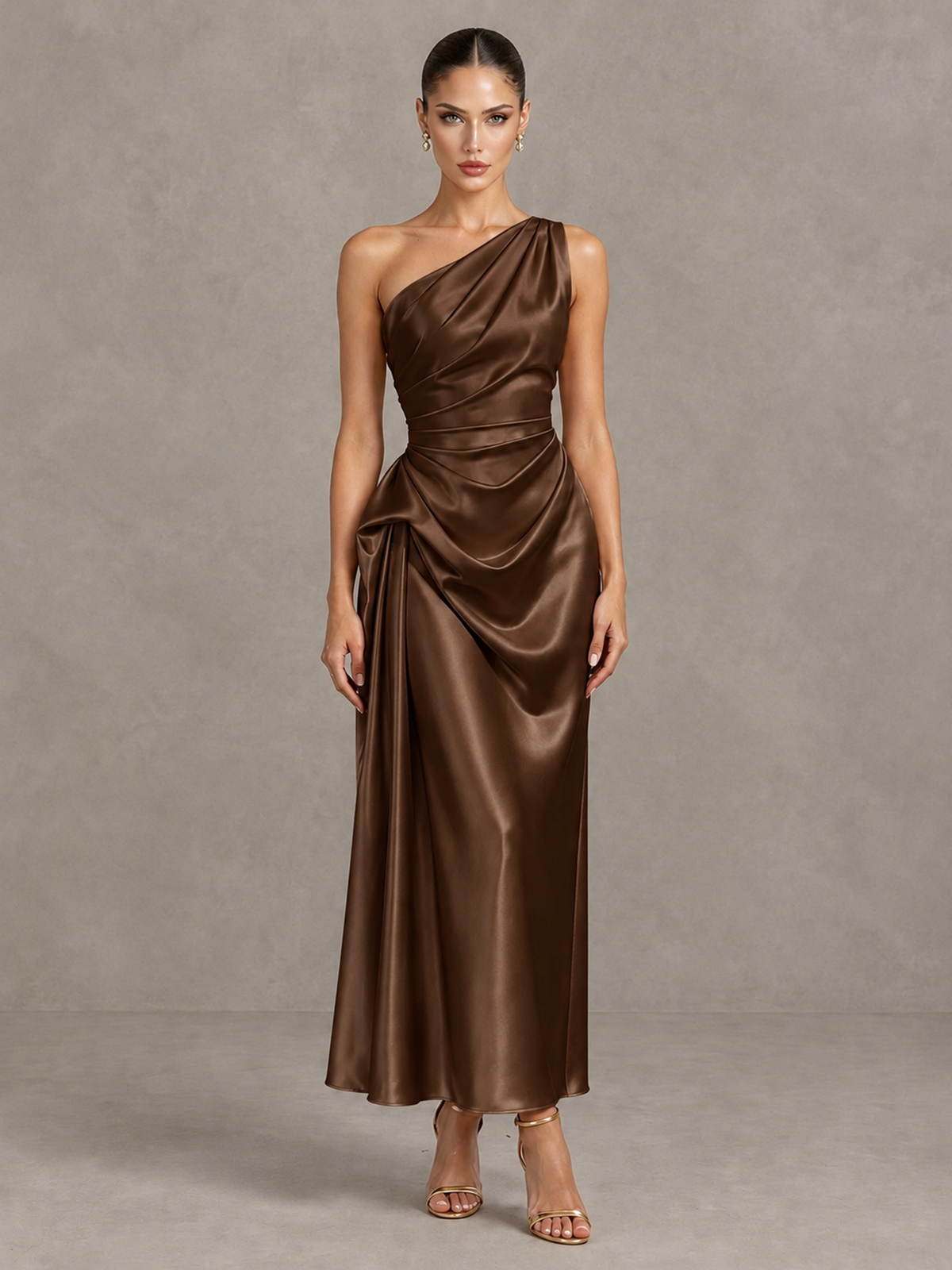 BOLODOO Brown One Shoulder Satin Cocktail Dress with Draped A-Line Skirt - Brown - Brown_1